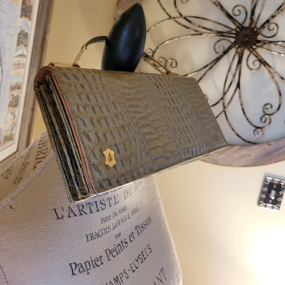 Genuine Leather True Vintage Sliding Hinge Top Handle Clutch Handbag Suede int. - Picture 7 of 12